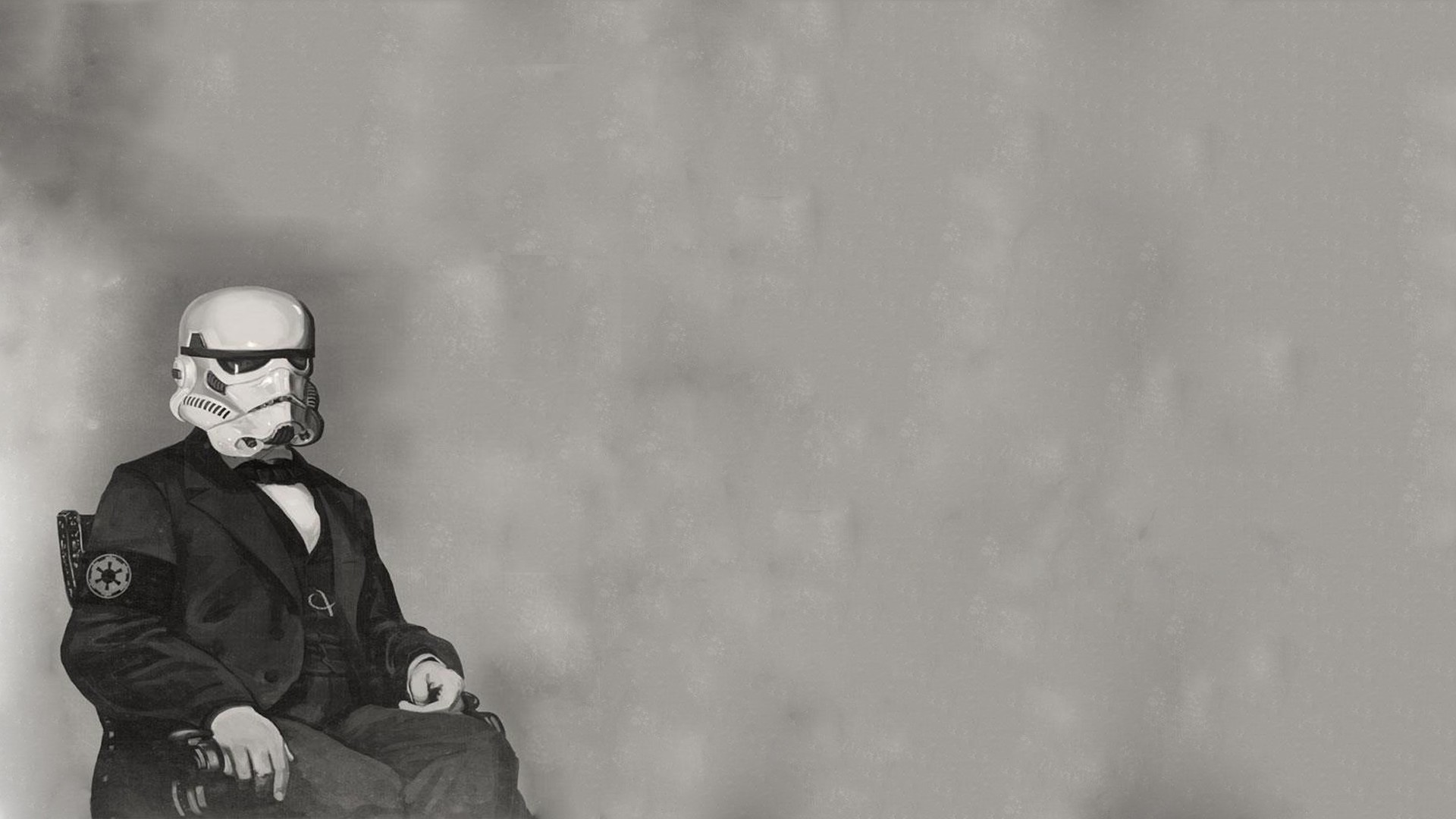 Stormtrooper in a suit sitting in a chair HD Wallpaper
