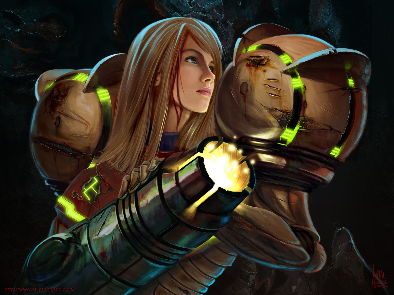 Samus Aran in her Power Suit with arm cannon HD Wallpaper
