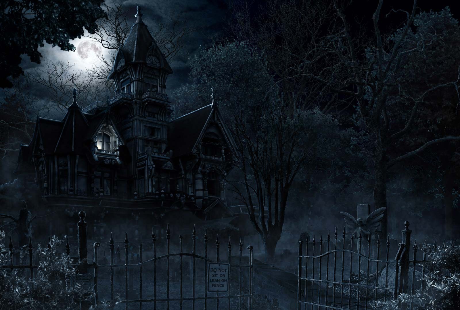 Spooky haunted house on Halloween night with a full moon HD Wallpaper