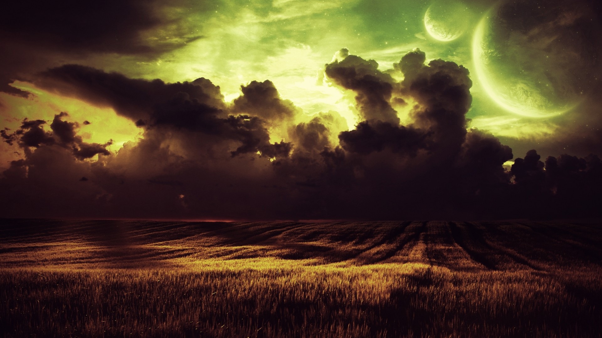 Digital art of a stormy sky with planets over a field HD Wallpaper