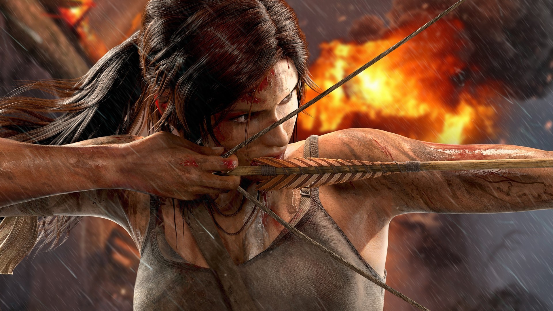 Lara Croft aiming an arrow with an explosion behind her HD Wallpaper