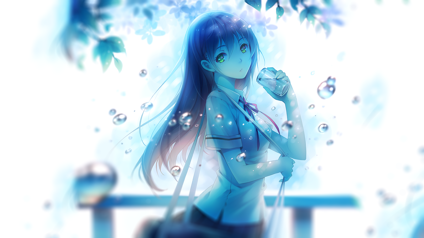 Anime girl in school uniform drinking water HD Wallpaper