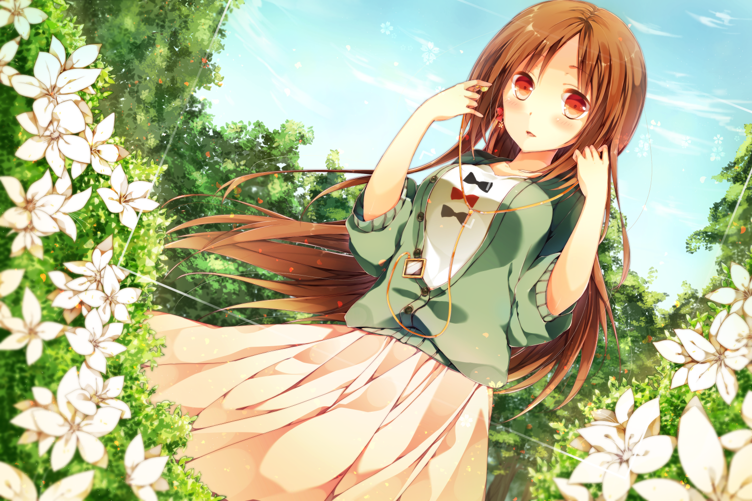 Anime girl with headphones in a garden HD Wallpaper