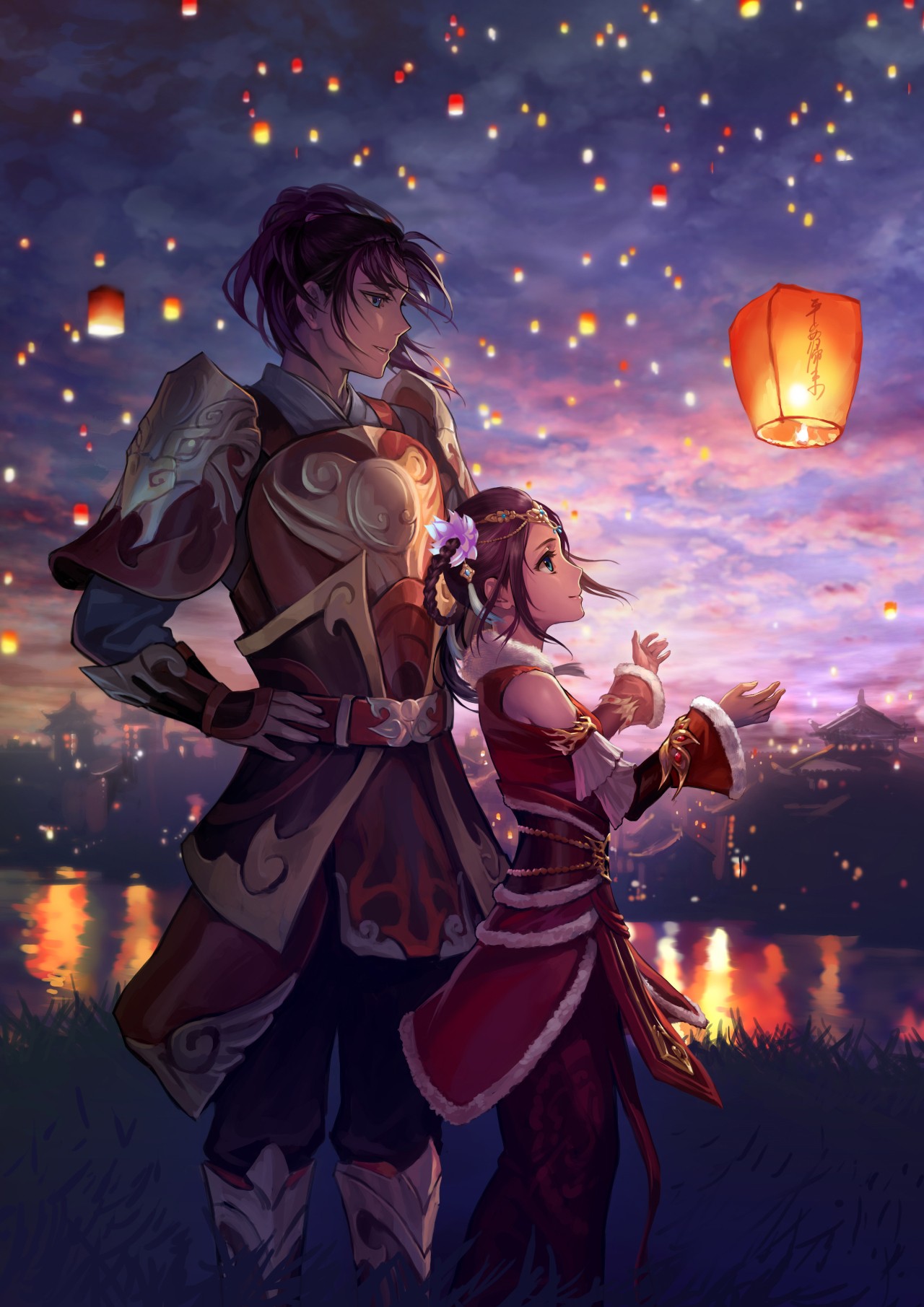 Couple releasing sky lanterns at dusk HD Wallpaper