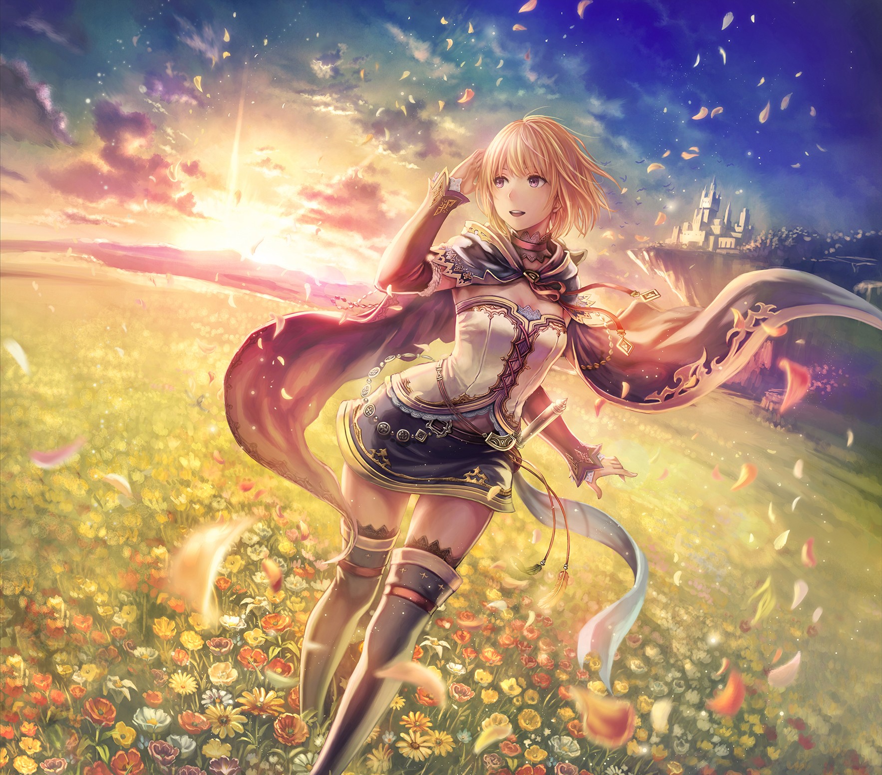 Anime girl in a flower field at sunset with a castle HD Wallpaper