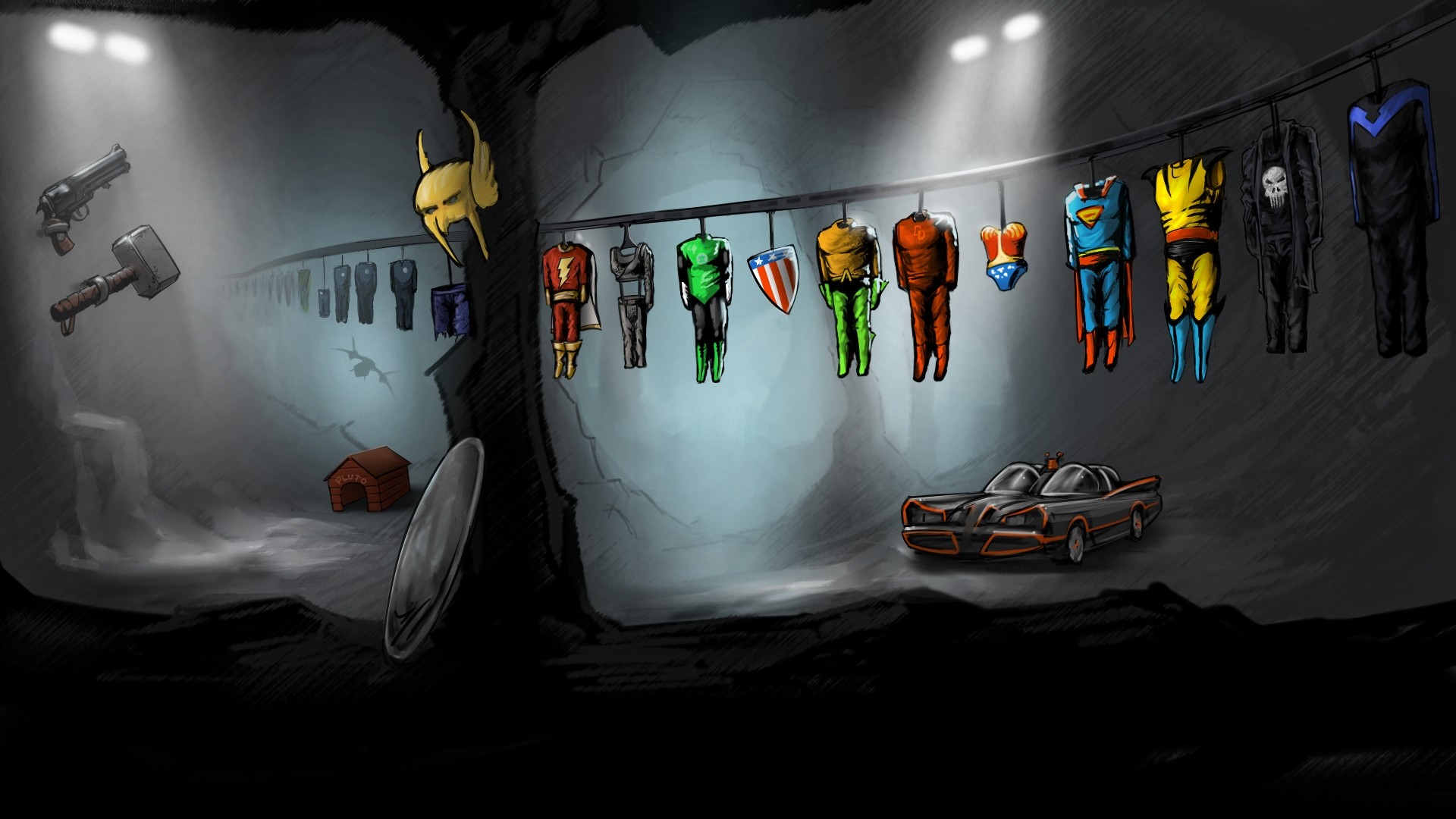 Batcave with superhero costumes and Batmobile HD Wallpaper