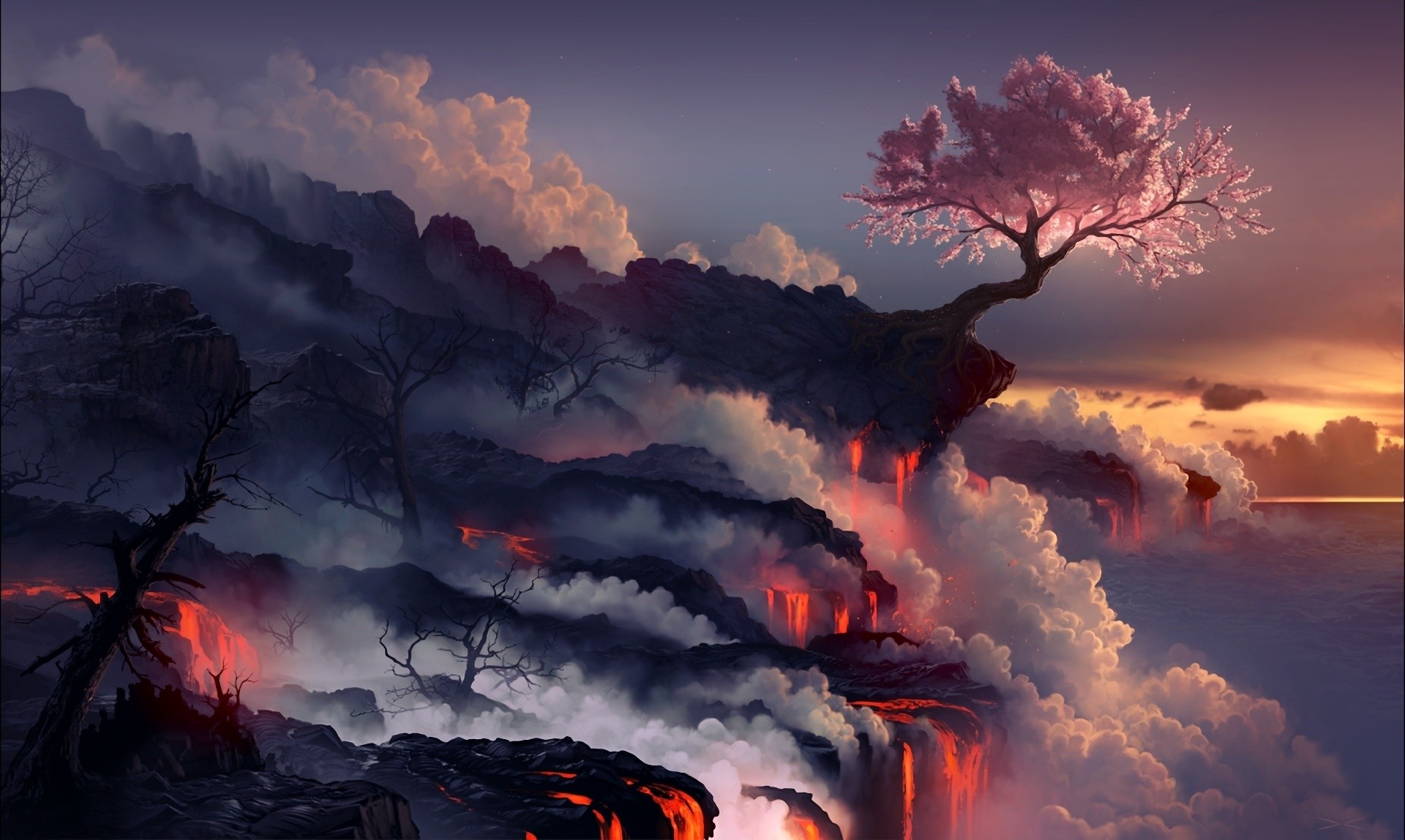 Volcanic landscape with cherry blossom tree and lava flows HD Wallpaper