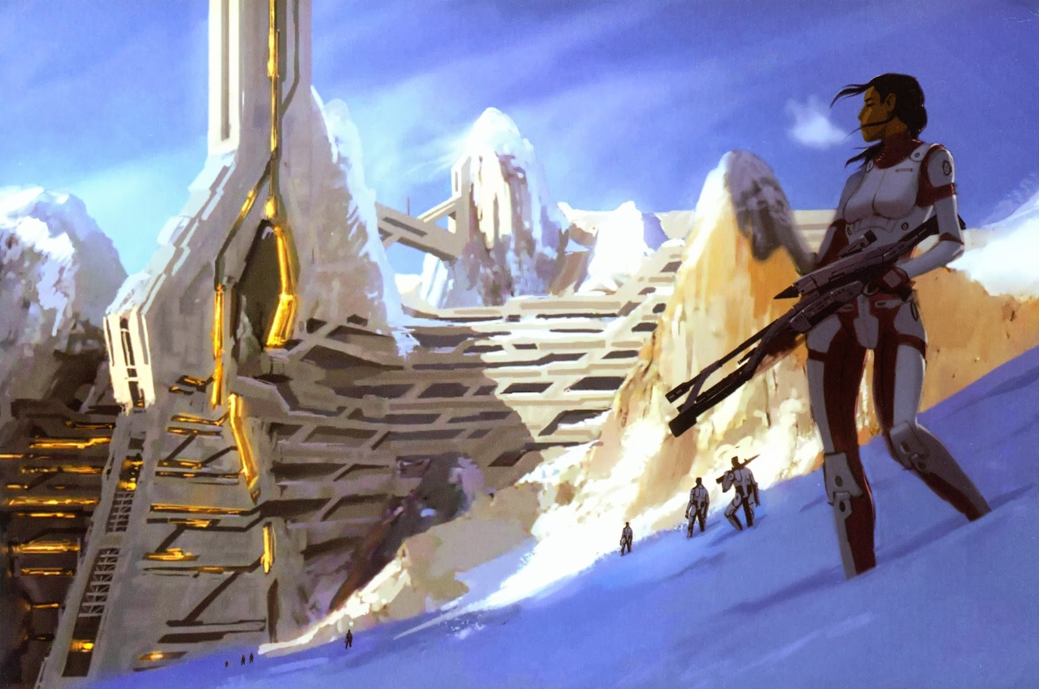 Mass Effect artwork of a woman with a rifle on a snowy planet HD Wallpaper