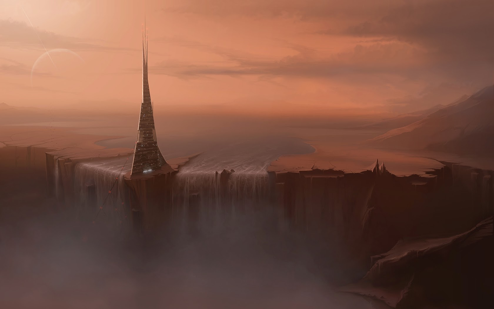 Futuristic city on a cliff with waterfalls on an alien planet HD Wallpaper