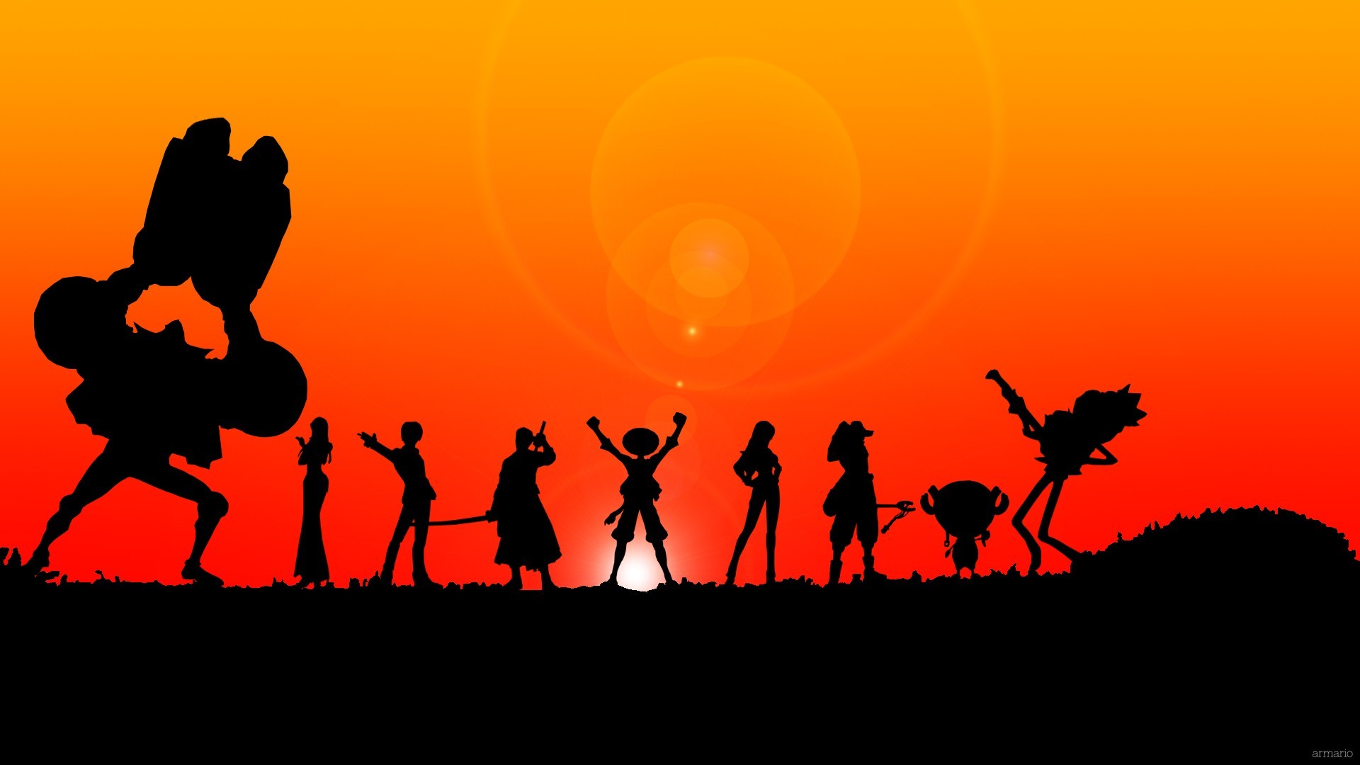 One Piece characters silhouetted against an orange sunset HD Wallpaper