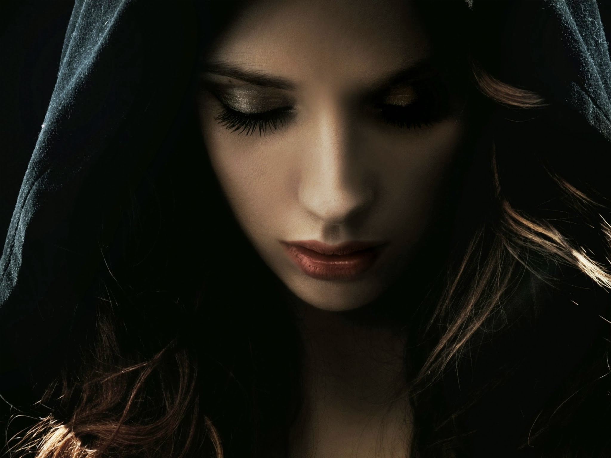Woman with dark hood and red lipstick HD Wallpaper