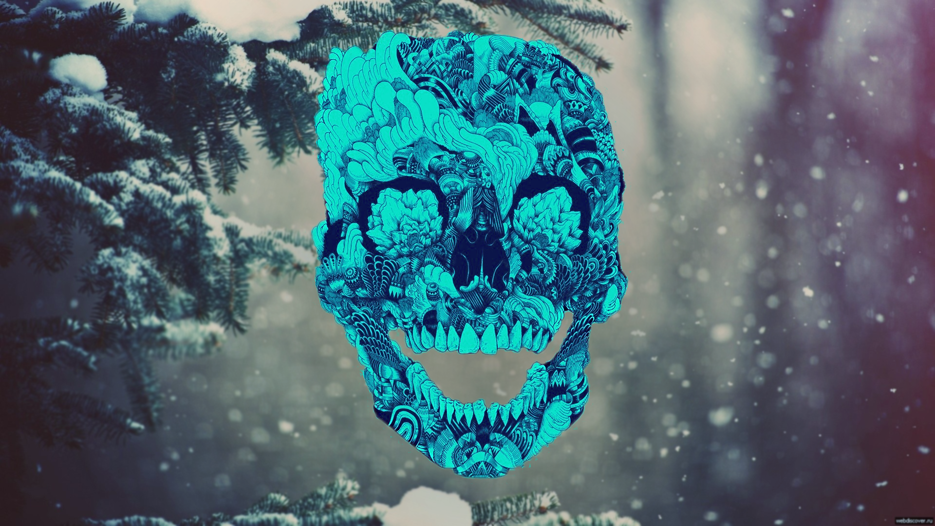Cyan skull with intricate patterns in a snowy forest HD Wallpaper