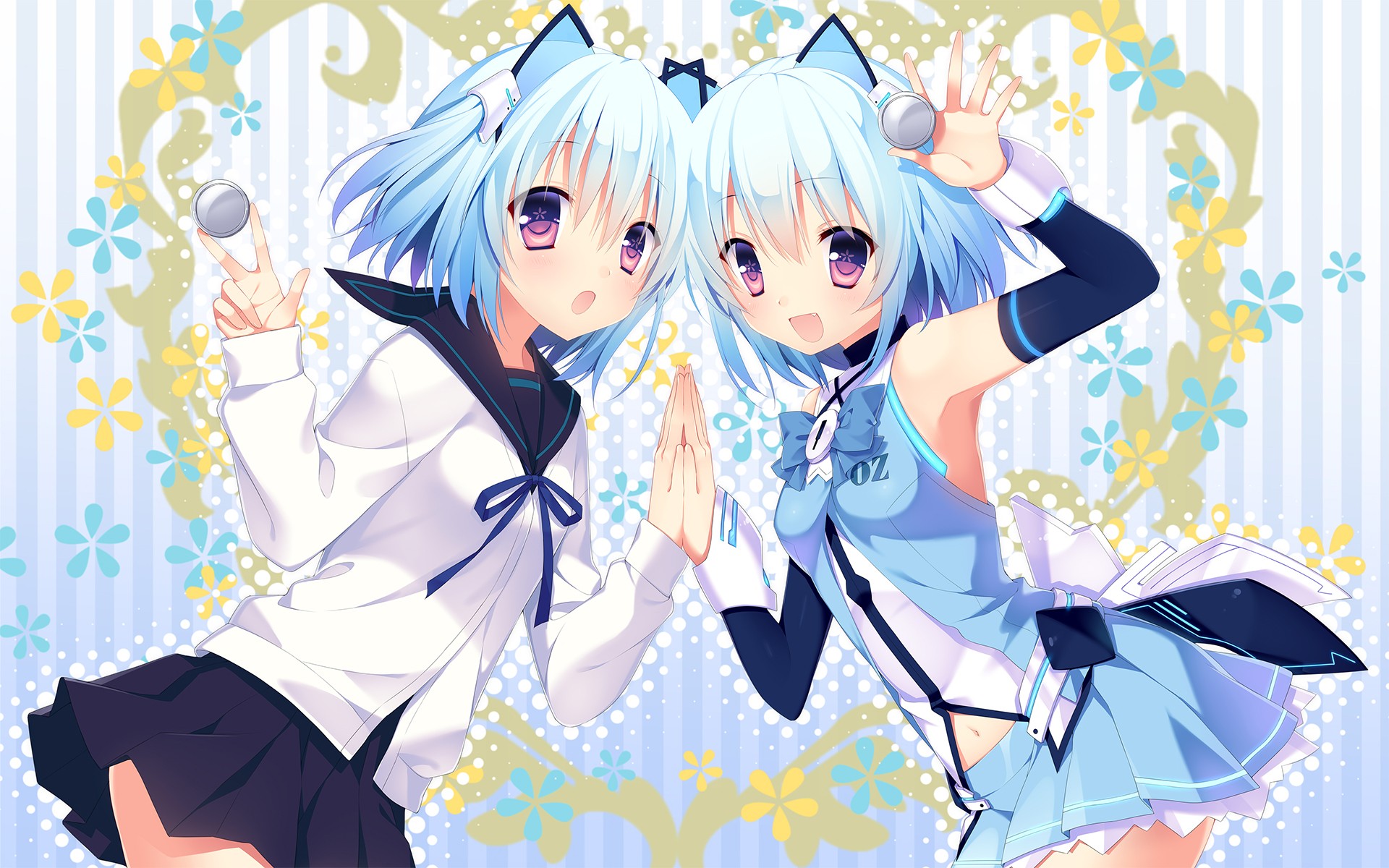 Two anime girls with blue hair and cat ears HD Wallpaper