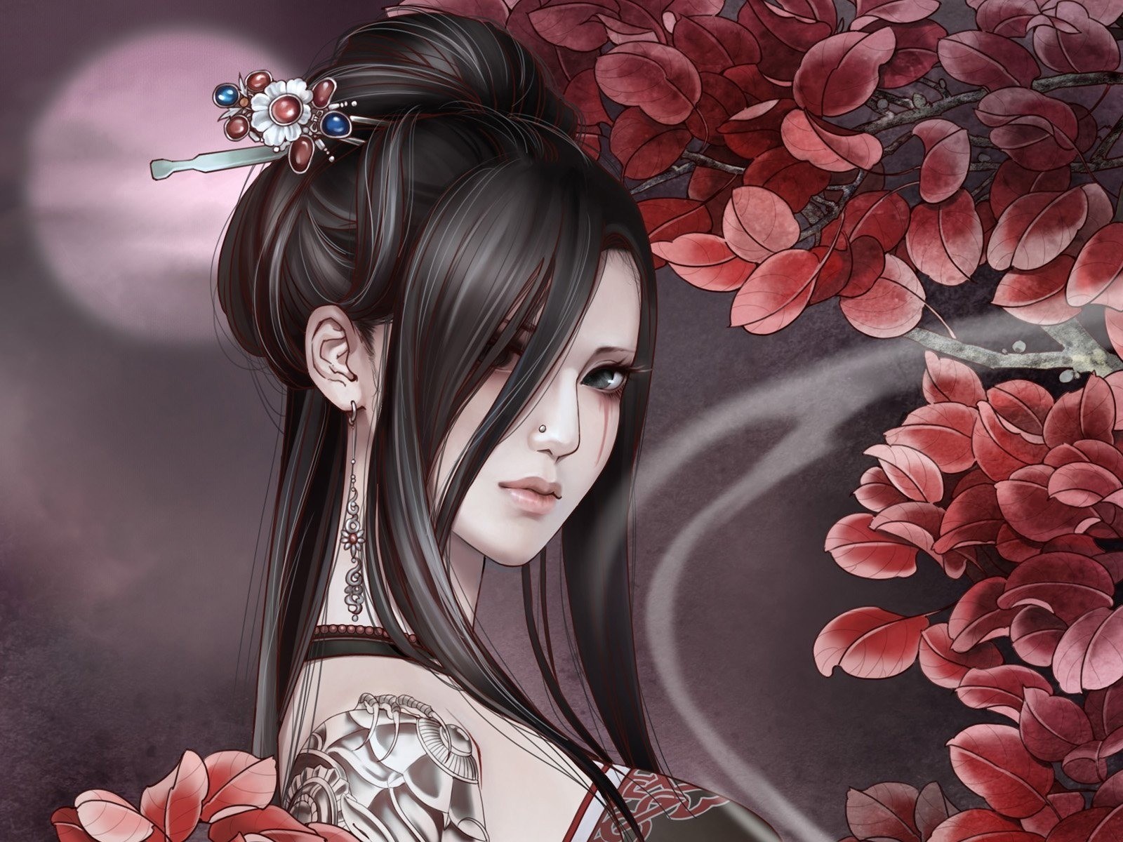 Anime girl with tattoos and red leaves HD Wallpaper