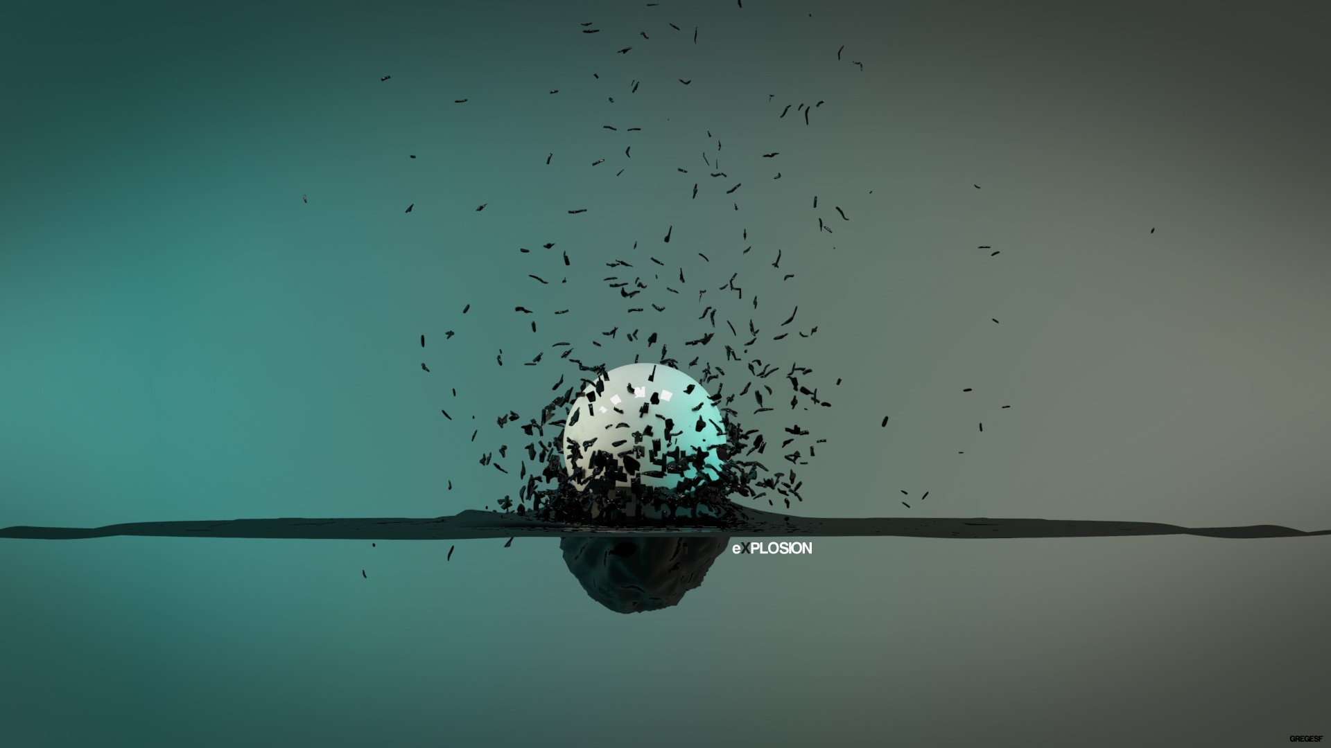 Abstract sphere exploding into fragments over water HD Wallpaper
