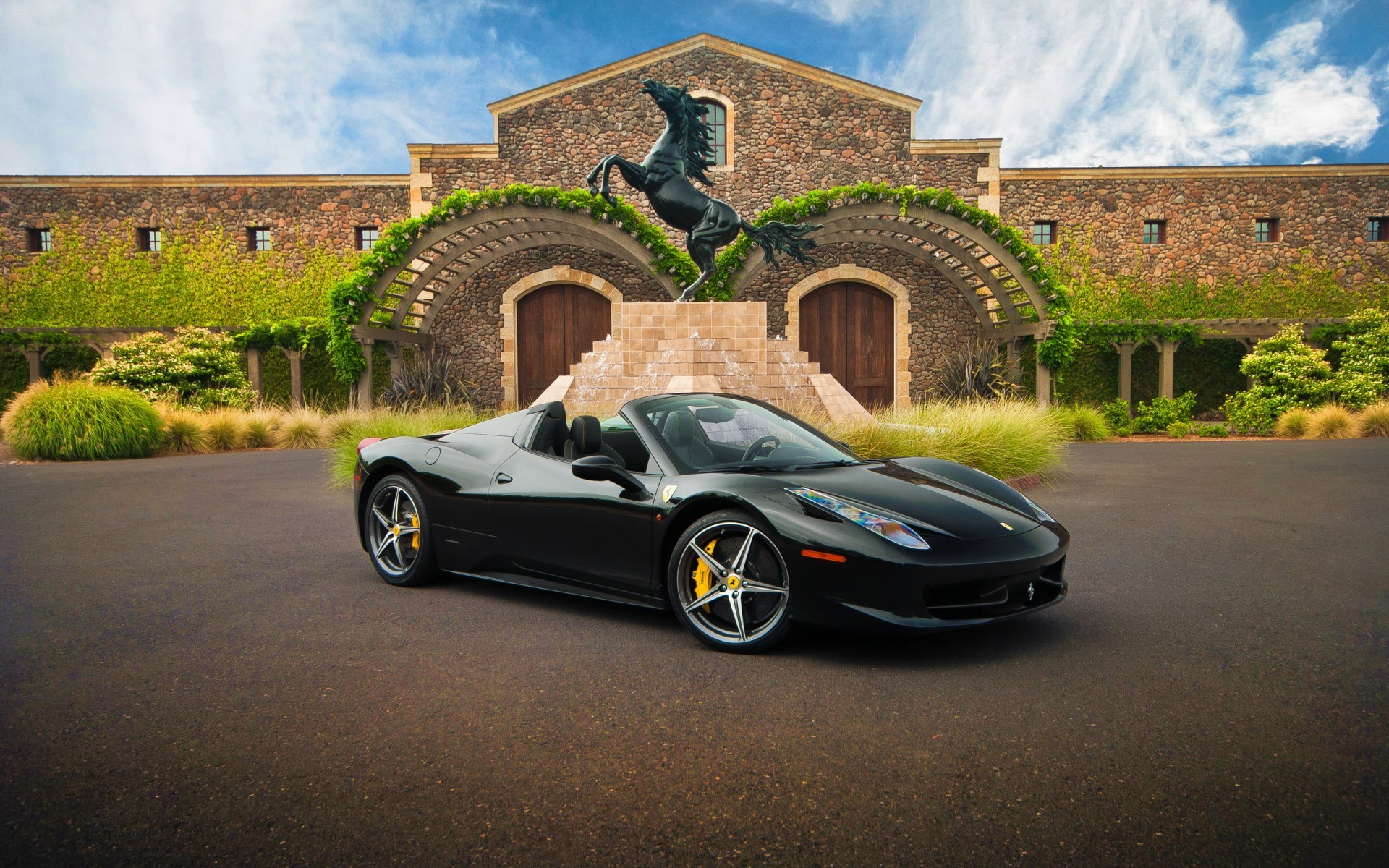 Black Ferrari Convertible in front of a Stone Building HD Wallpaper
