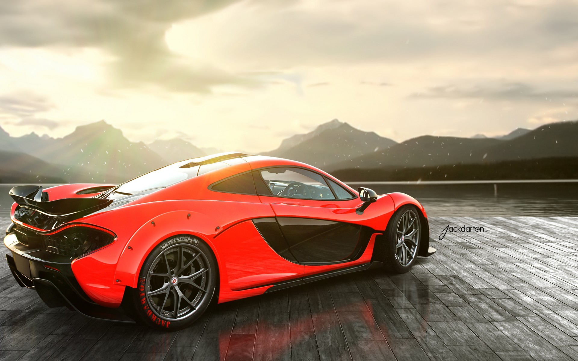 Red McLaren P1 sports car on wooden planks HD Wallpaper