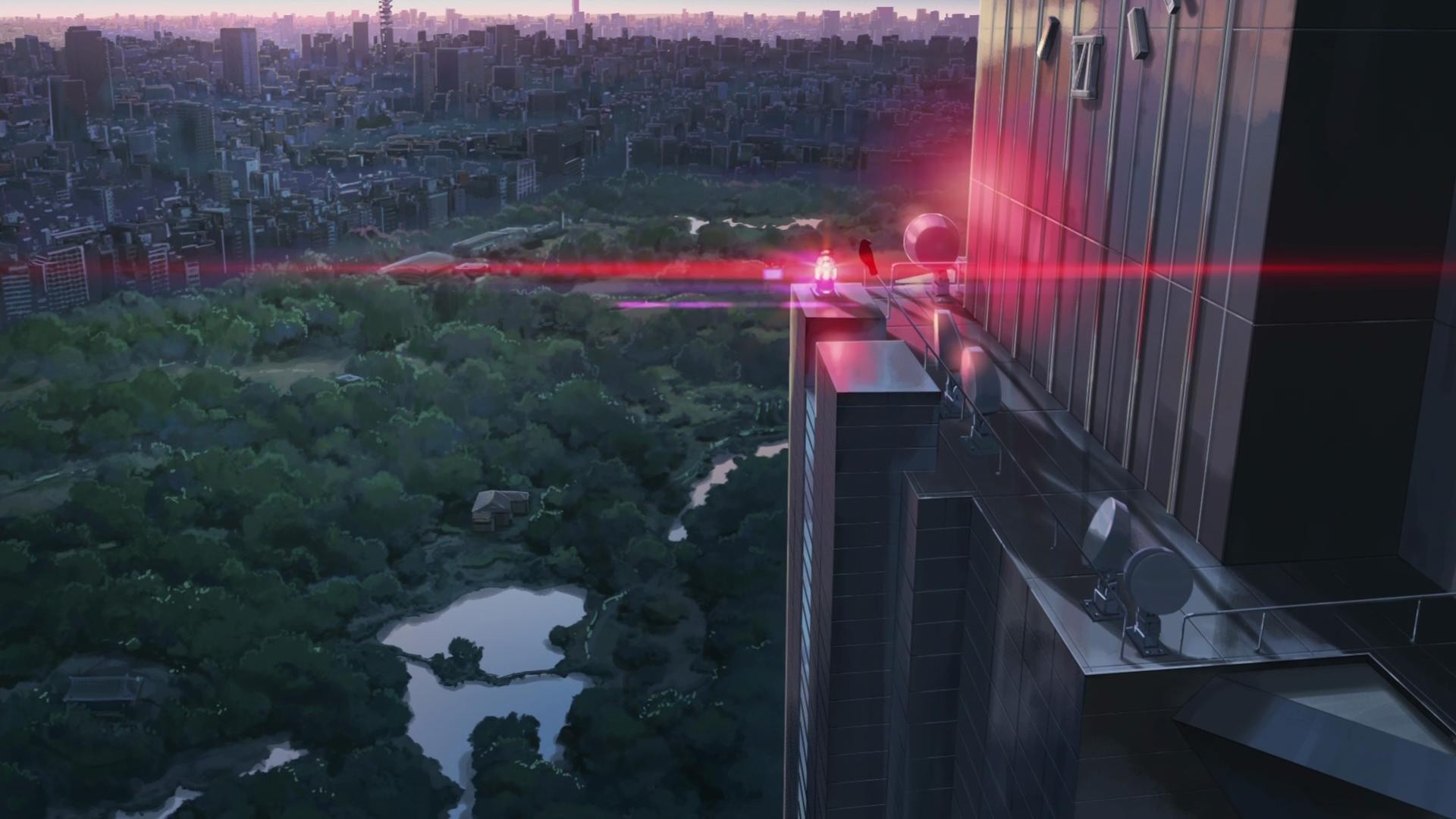Anime cityscape at sunrise with a red lens flare HD Wallpaper
