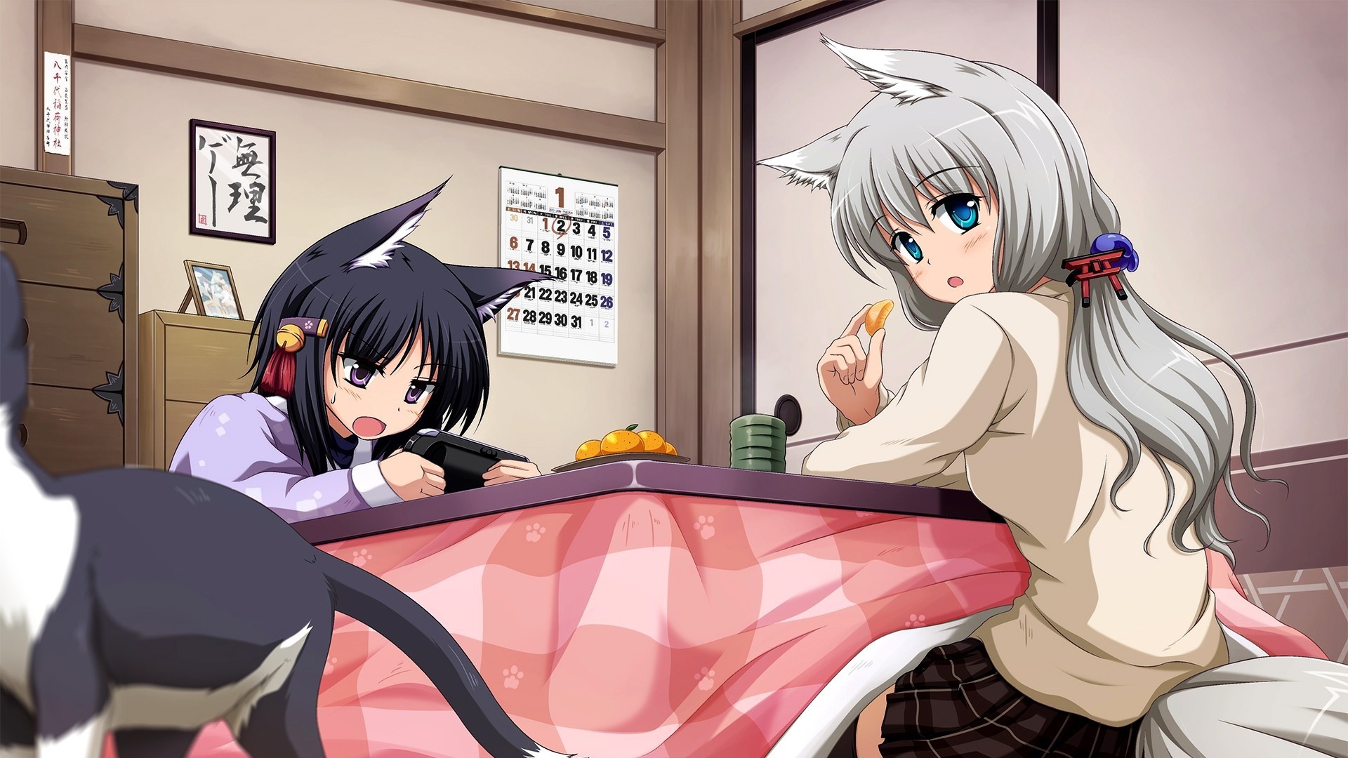 Anime Girls Playing Video Games by a Kotatsu HD Wallpaper