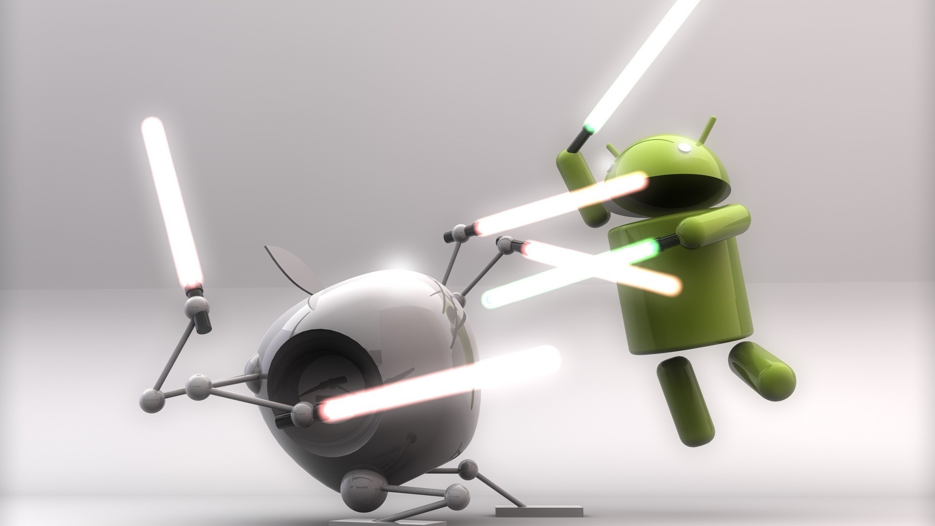 Android and Apple characters fighting with lightsabers HD Wallpaper