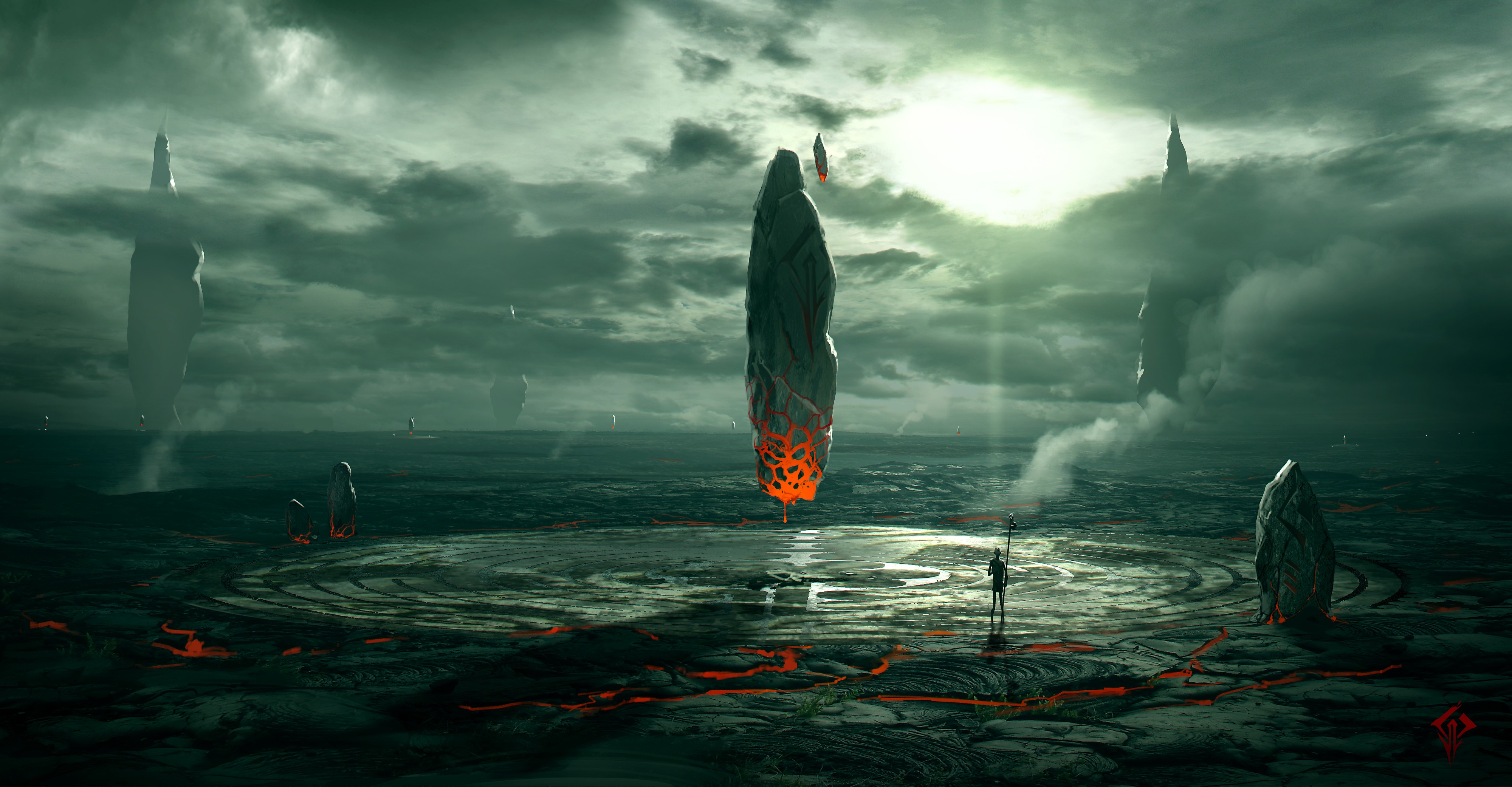 Alien landscape with floating monoliths and lava HD Wallpaper