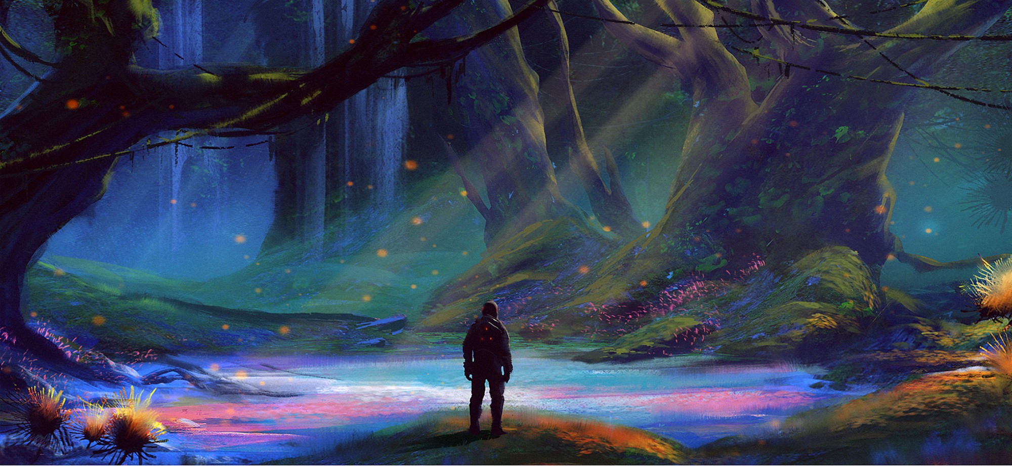 Fantasy forest with a lone figure HD Wallpaper
