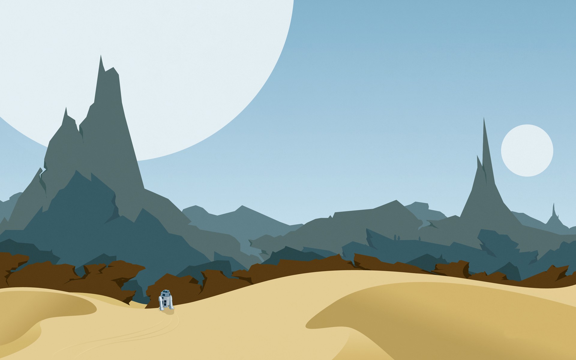 Star Wars R2-D2 on a desert planet with two moons HD Wallpaper