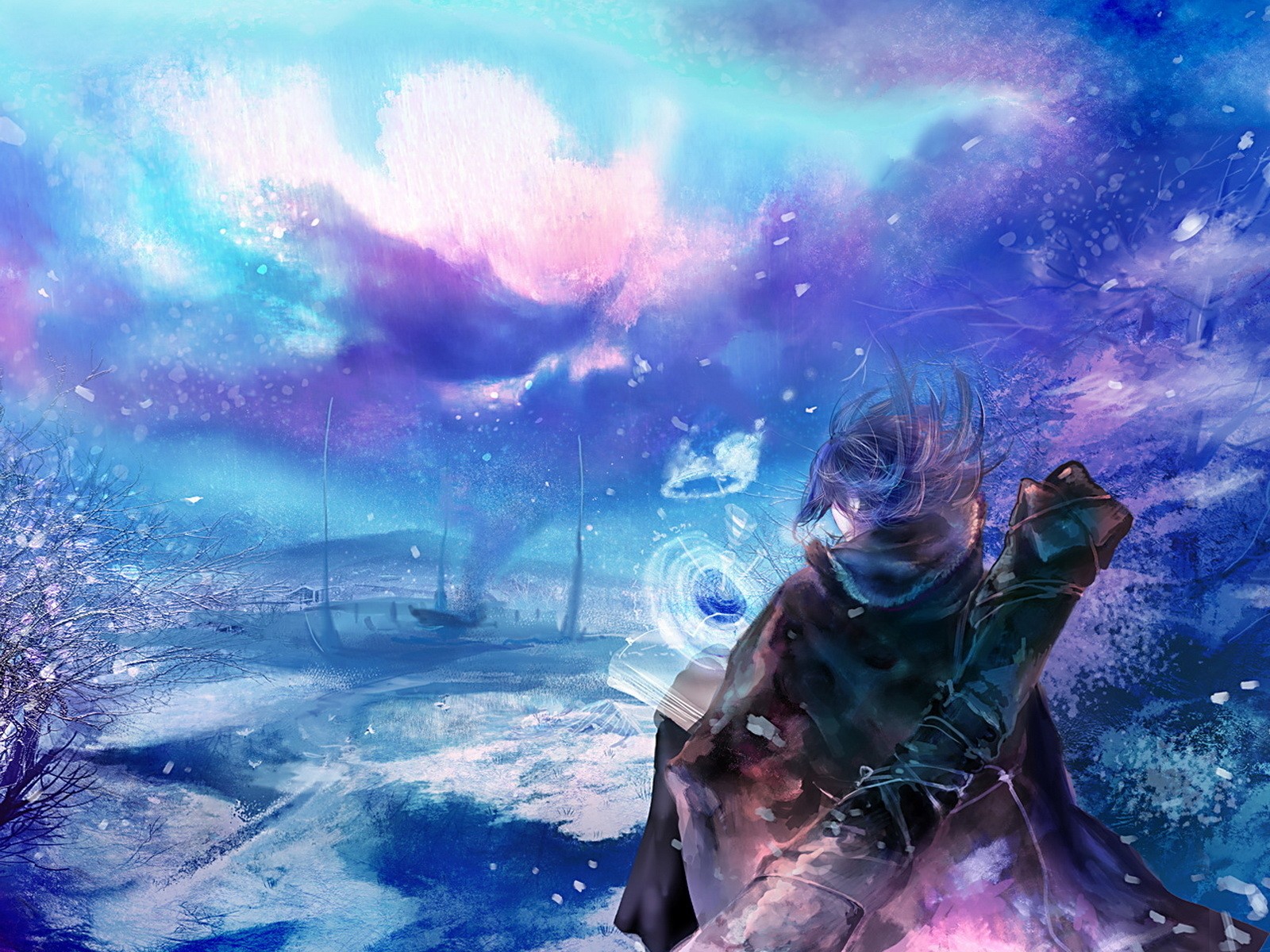 Anime character with magical aura in a snowy landscape HD Wallpaper