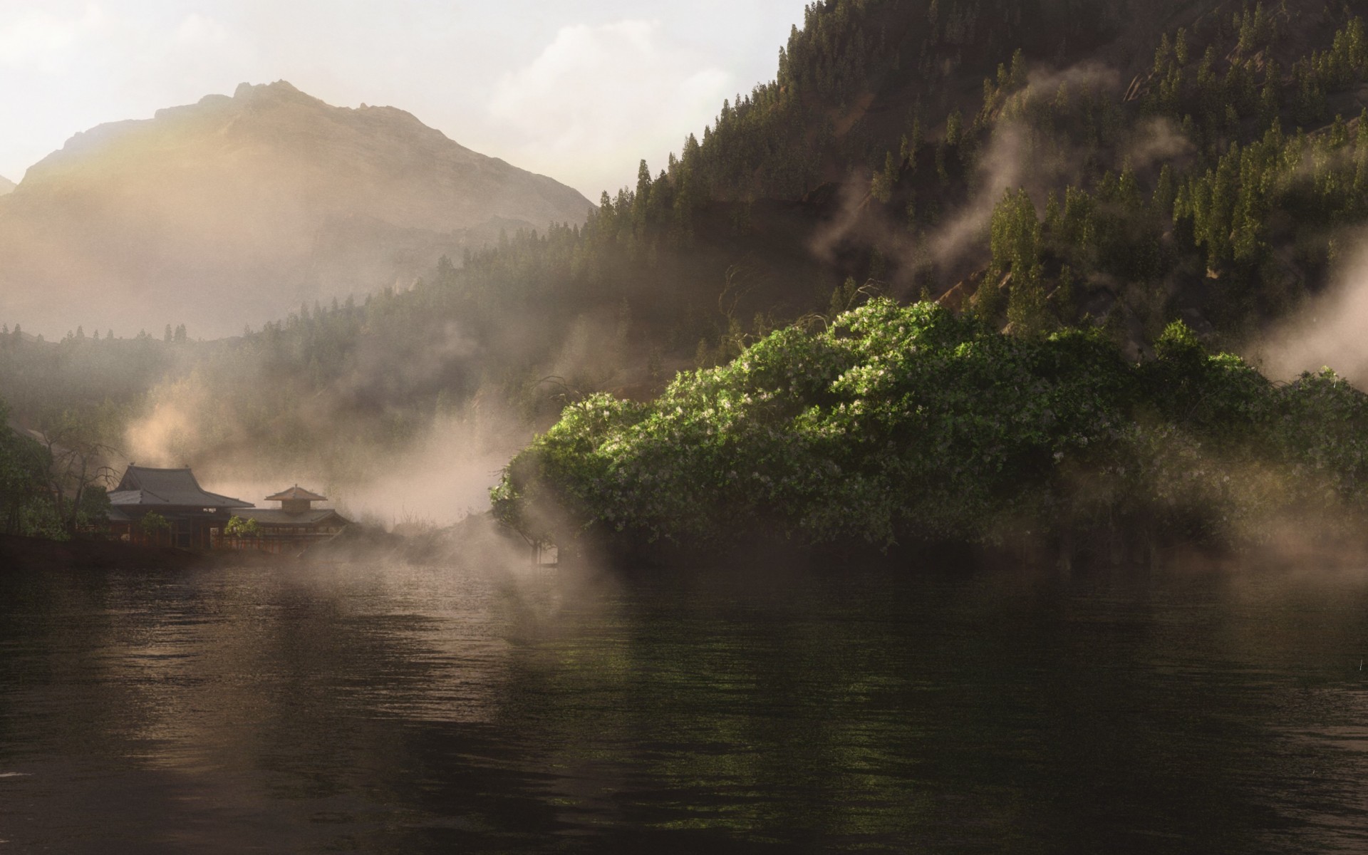 Misty lake with traditional buildings and forested mountains HD Wallpaper