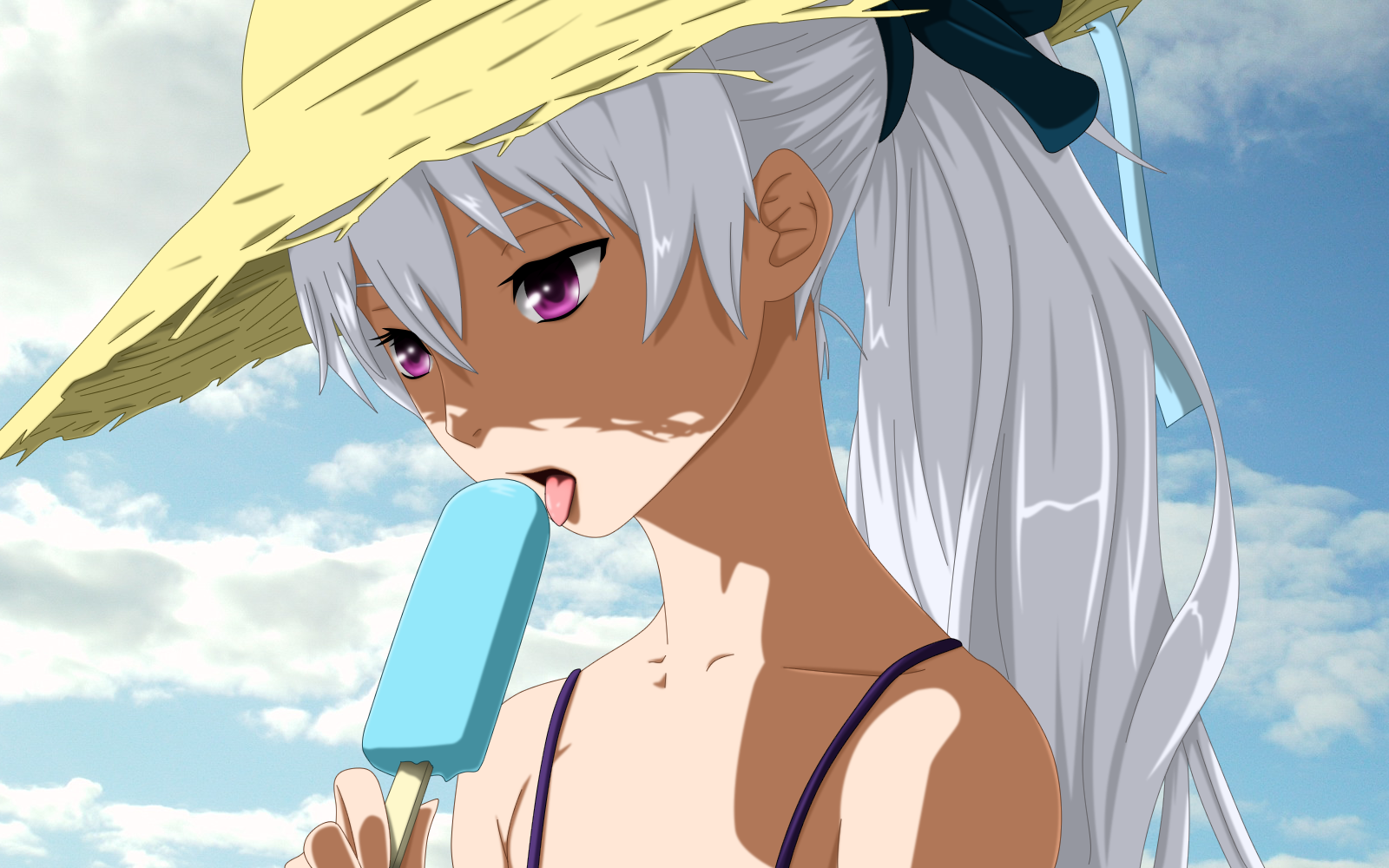 Anime girl with white hair eating popsicle HD Wallpaper