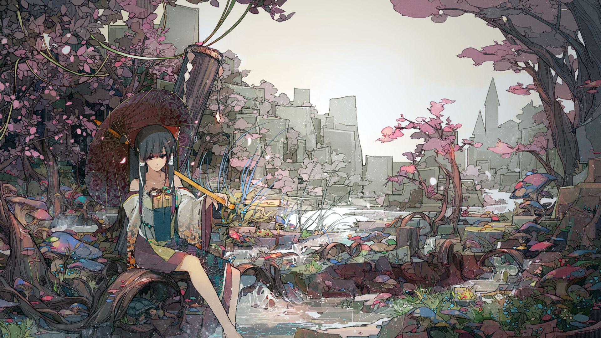 Anime girl with umbrella in a surreal landscape HD Wallpaper