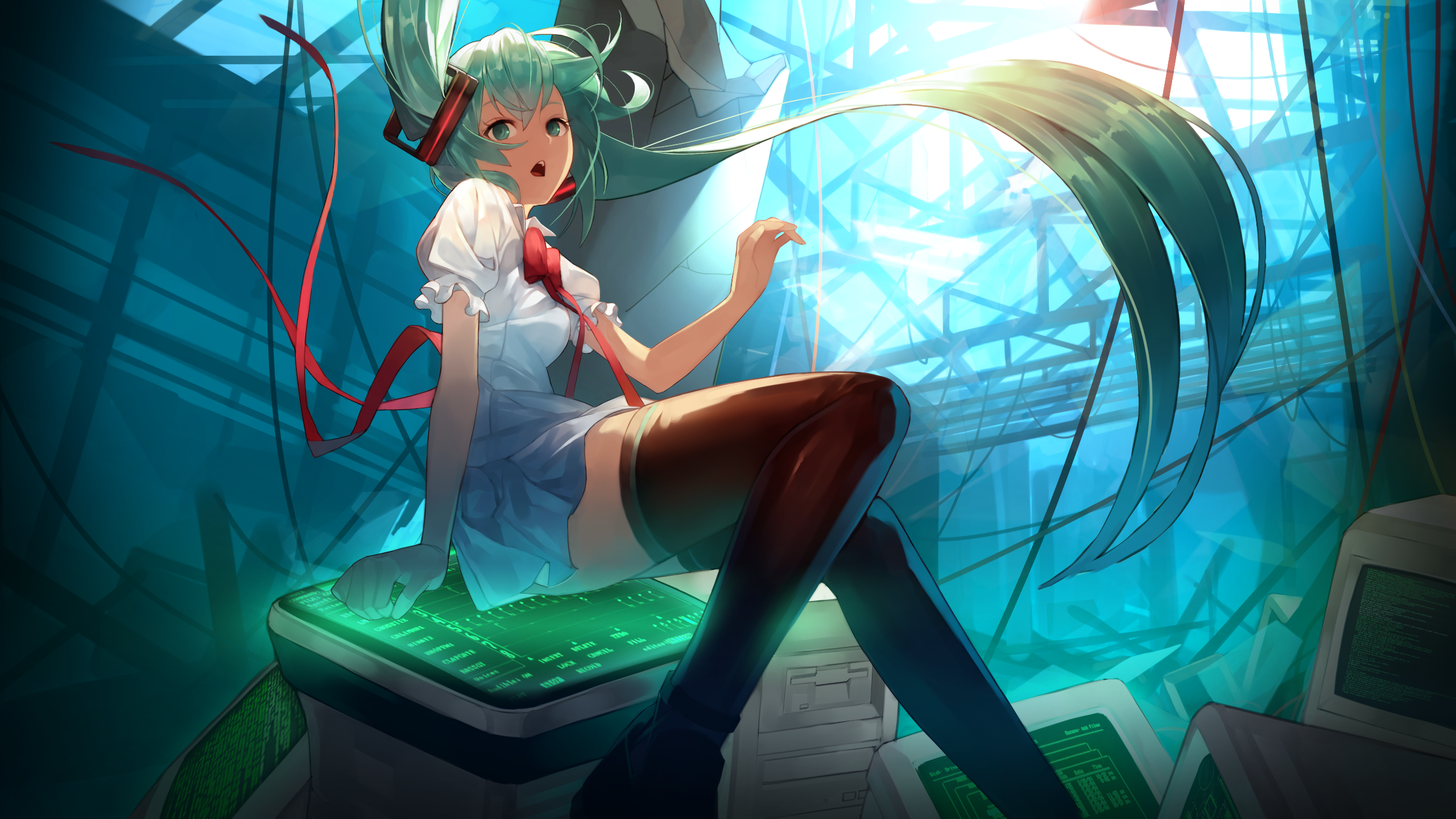 Hatsune Miku sitting on computers in a futuristic setting HD Wallpaper