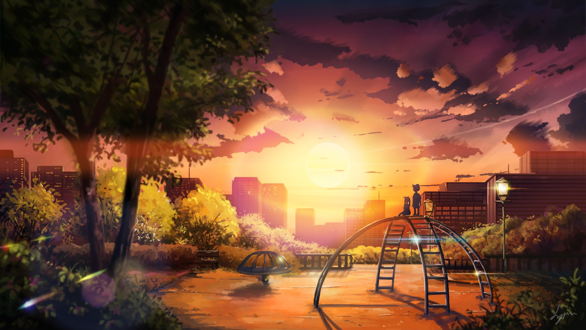 Anime cityscape with children at sunset HD Wallpaper