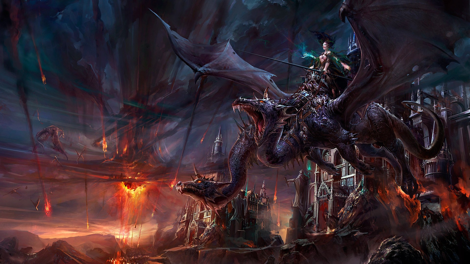 Fantasy art of a dragon with a rider over a burning city HD Wallpaper