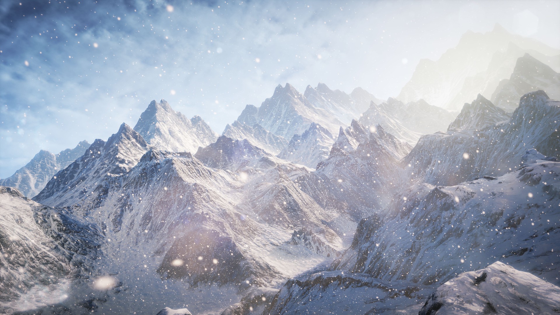 Snowy mountains under a bright sky HD Wallpaper