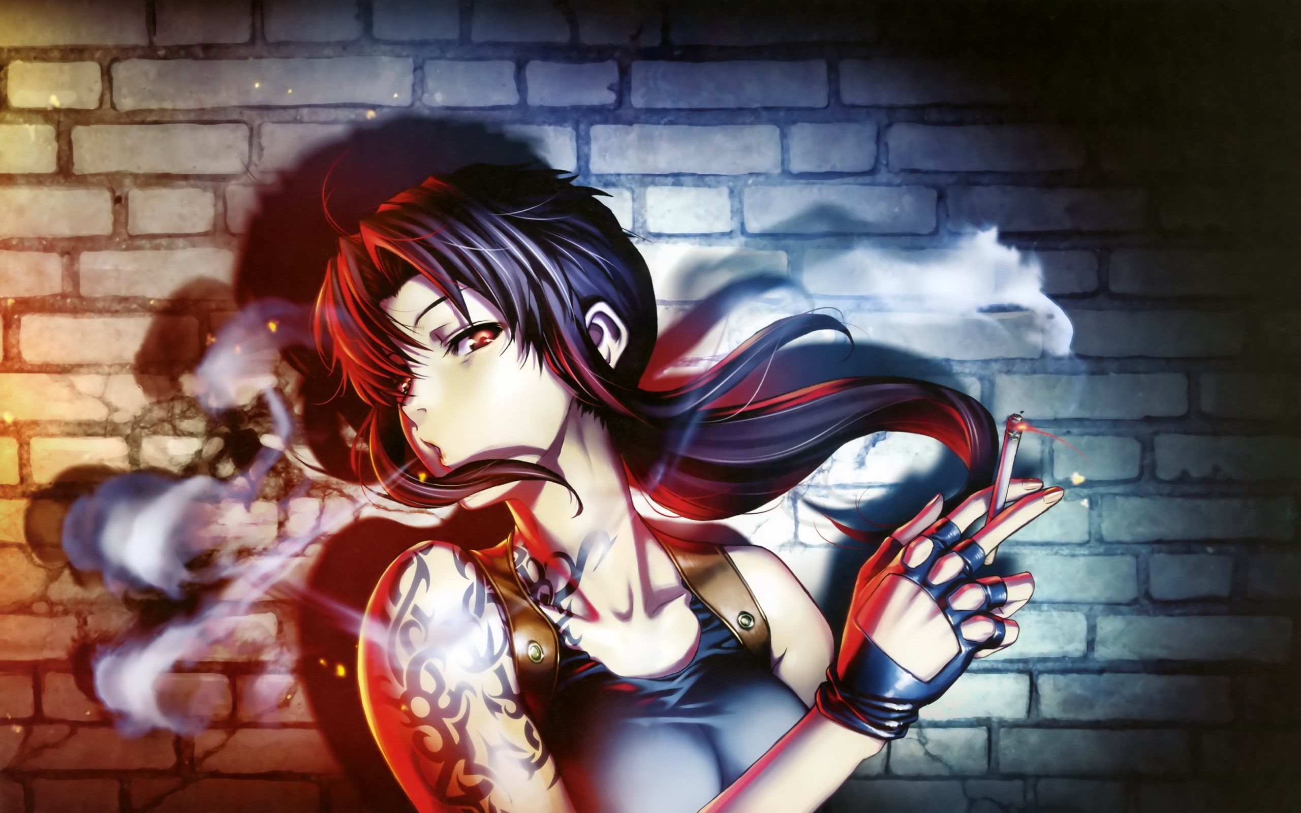 Revy smoking in front of a brick wall HD Wallpaper
