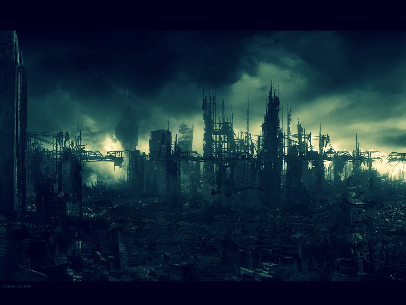 Ruined cityscape under a dark, stormy sky HD Wallpaper