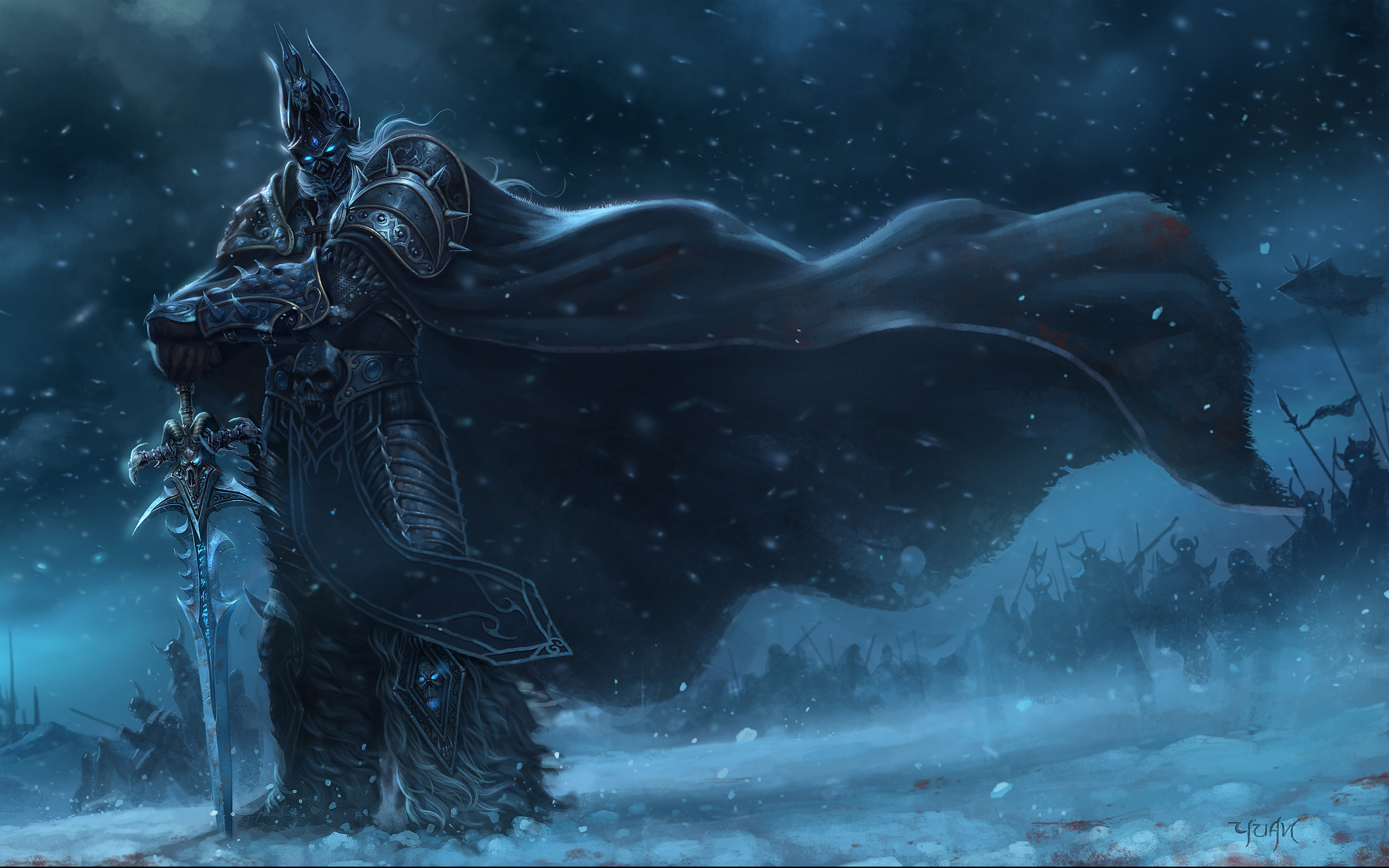 The Lich King Arthas Menethil with Frostmourne in a blizzard HD Wallpaper