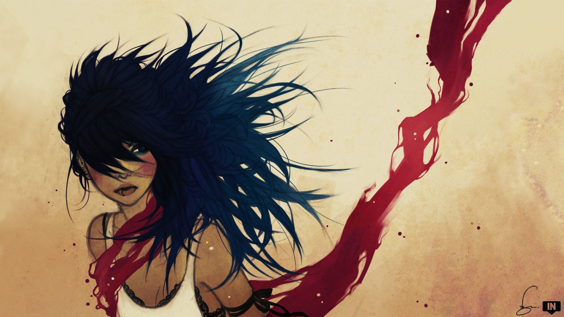 Artwork of a woman with dark hair and red accents HD Wallpaper