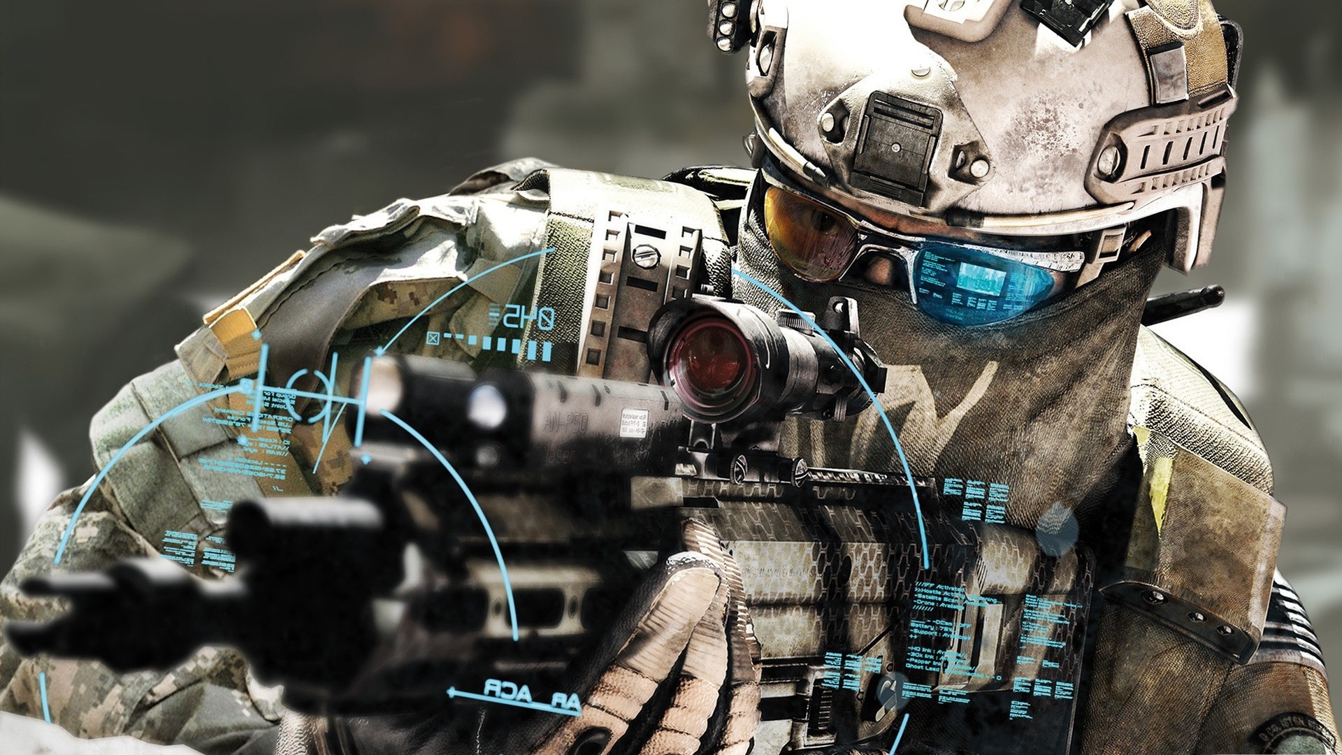 Soldier aiming a rifle with futuristic HUD HD Wallpaper