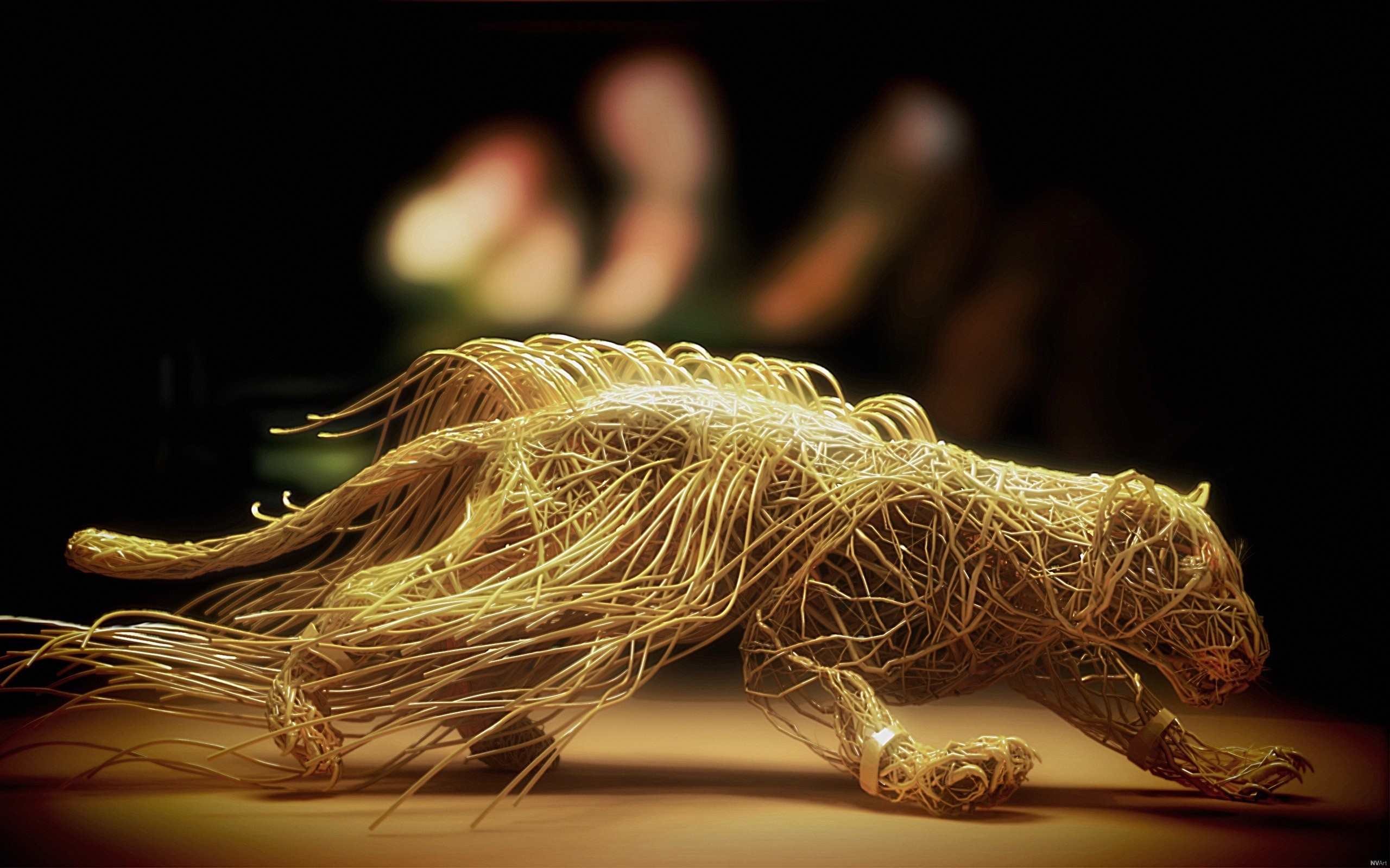 Wire sculpture of a leopard in motion HD Wallpaper