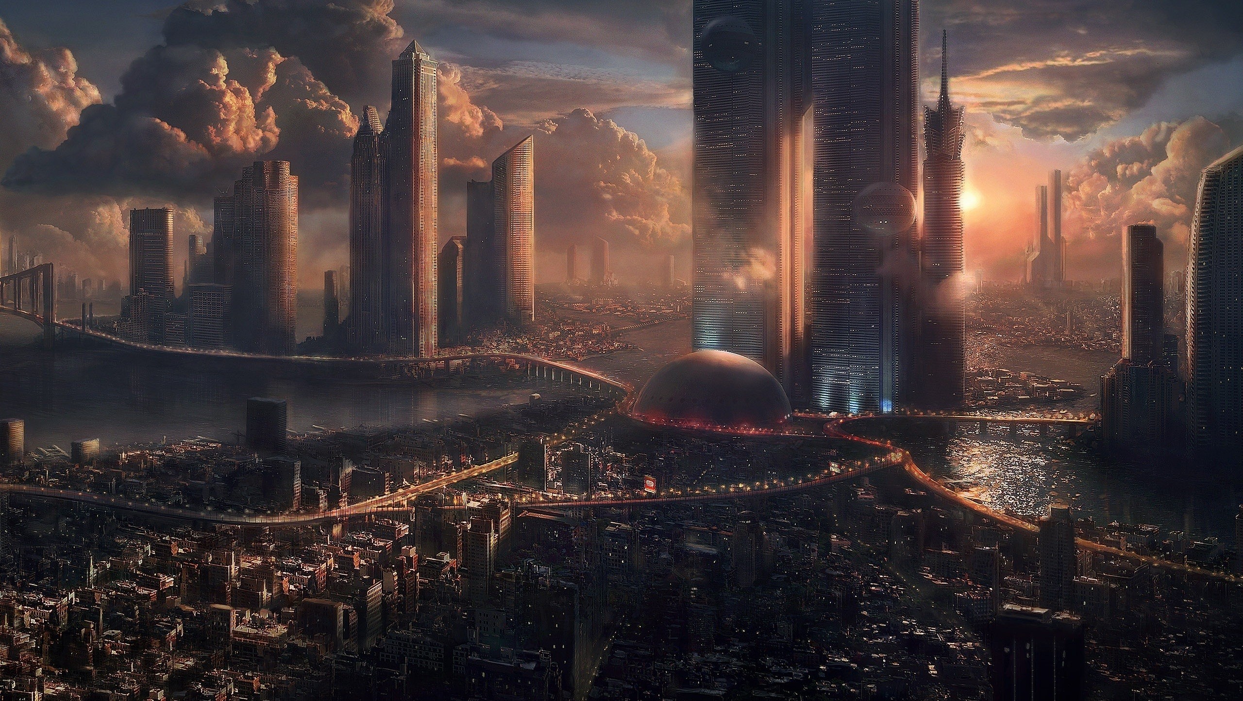 Futuristic cityscape with towering skyscrapers at sunset HD Wallpaper