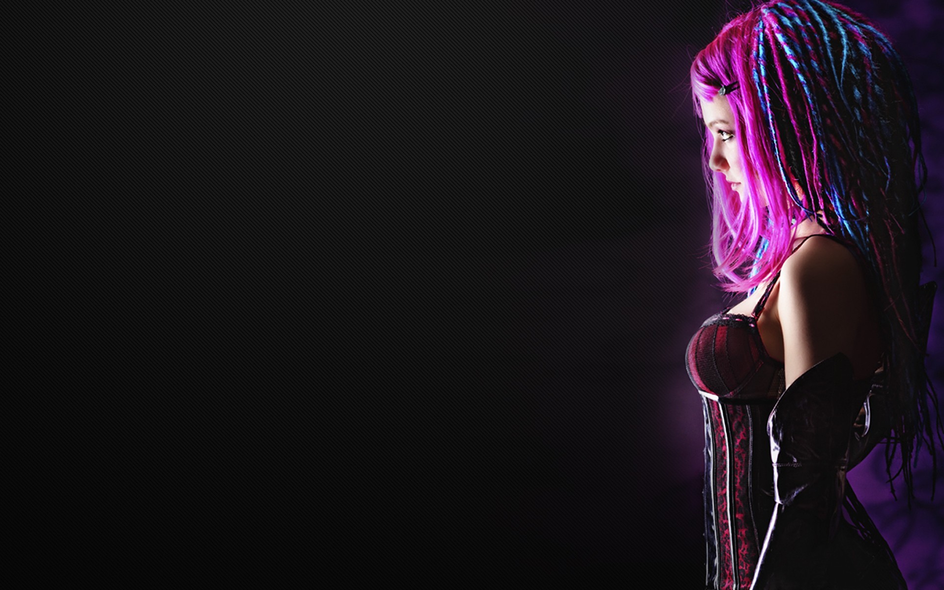 Woman with pink and blue dreadlocks in corset HD Wallpaper