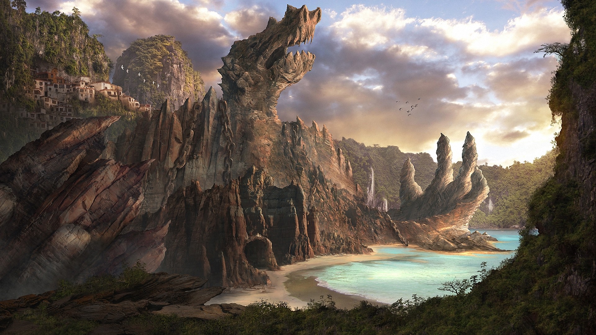Fantasy art of a dragon-shaped rock formation HD Wallpaper