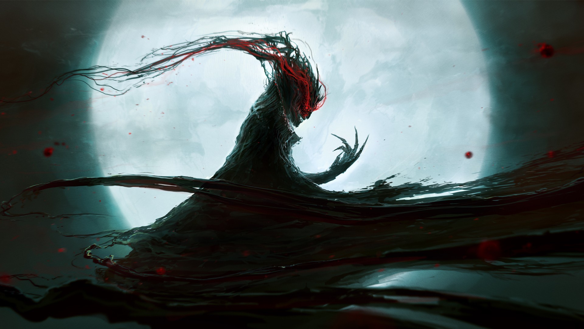 Dark creature with red eyes and tendrils HD Wallpaper