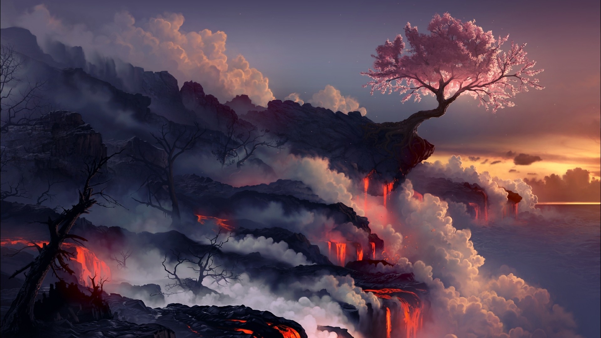 Digital art of a volcanic landscape with a cherry blossom tree HD Wallpaper