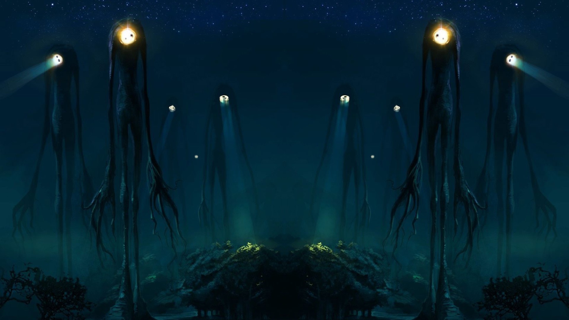 Fantasy art of tall creatures with lights HD Wallpaper