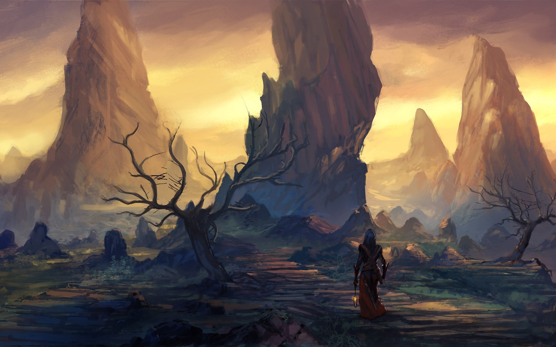 Fantasy art landscape with a lone traveler HD Wallpaper