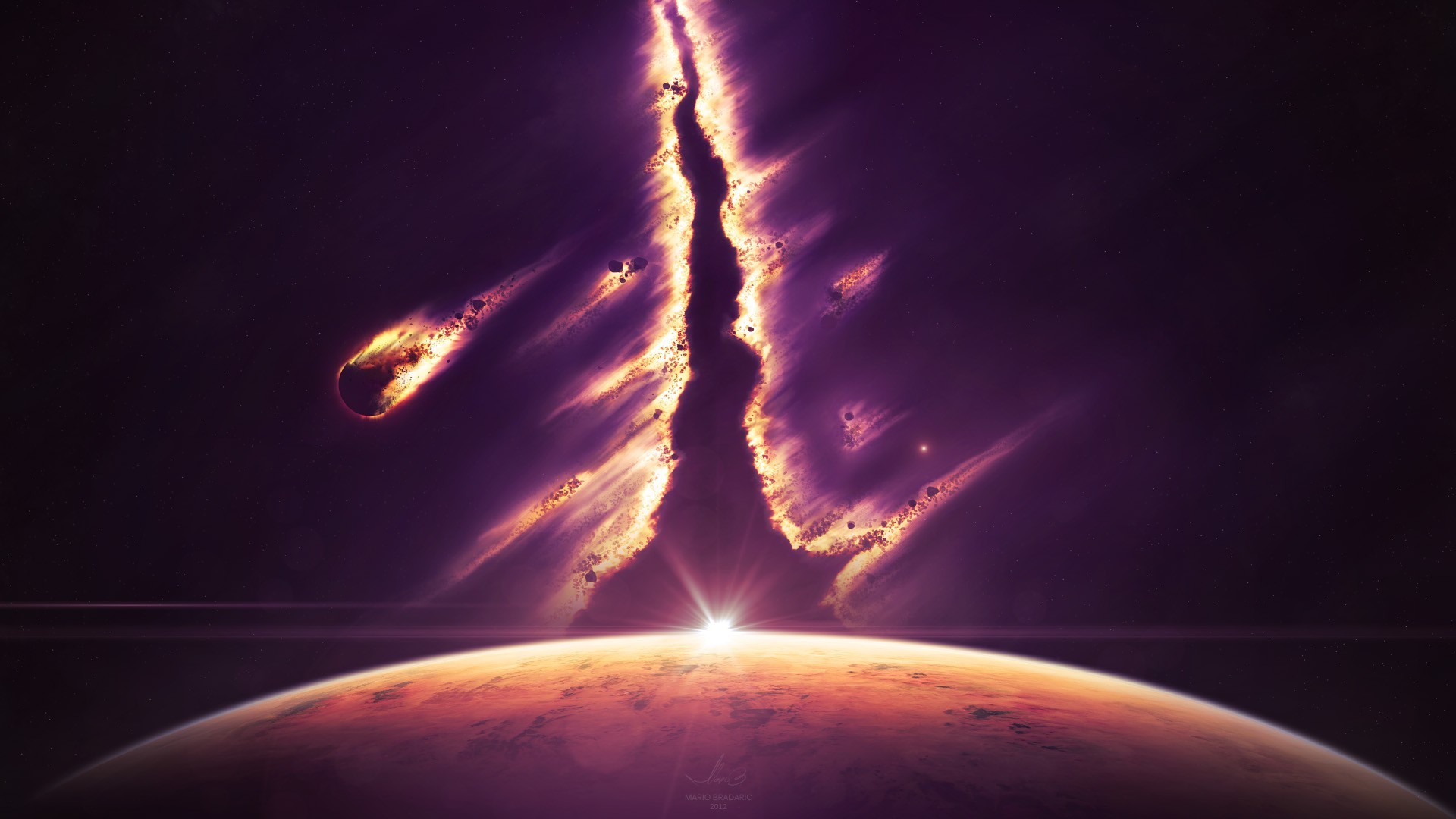 Digital art of space with meteors and a planet HD Wallpaper