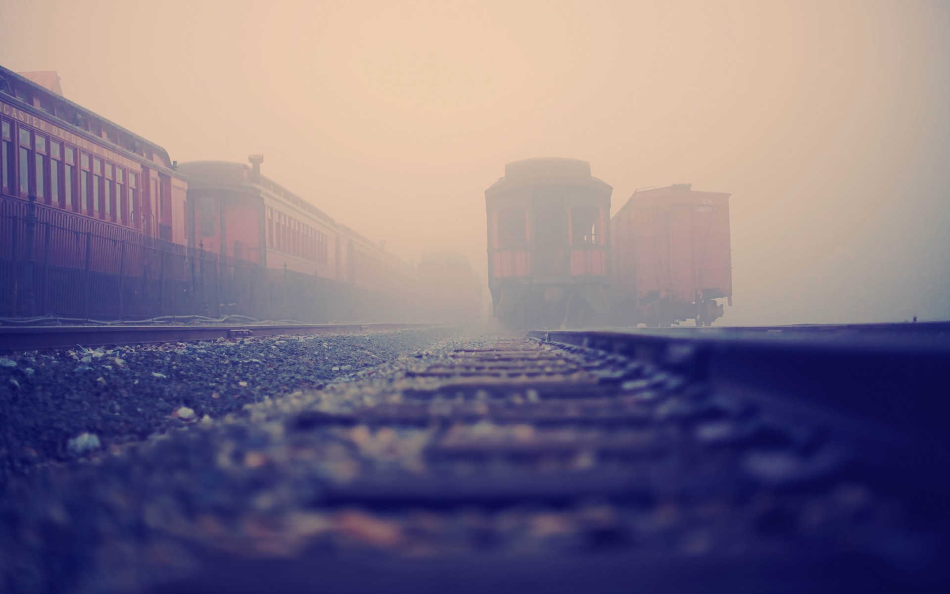 Trains in the mist on railway tracks HD Wallpaper